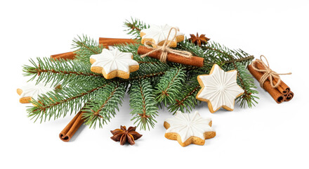 Christmas cookies and pine branches with cinnamon sticks and anise stars on a png transparent.