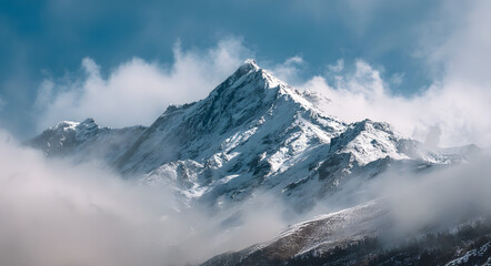 Fototapeta premium Explore majestic mountain peak covered in snow surrounded by clouds scenic landscape
