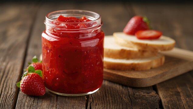 Strawberry preserves in a jar resting on a wooden surface, ideal for culinary applications