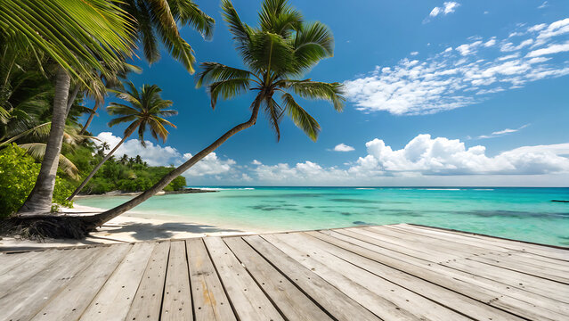 A serene tropical beach scene with palm trees leaning over a wooden deck, turquoise water, and a partly cloudy sky creating a peaceful and inviting atmosphere