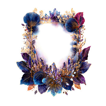 Watercolor Floral Frame with Crystals and Gold