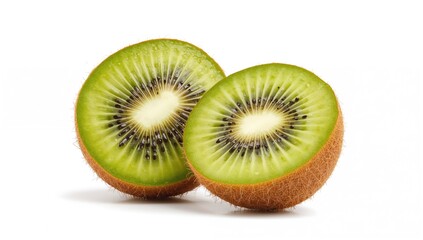 Whole kiwi fruit and its sliced pieces on a white background, fiber-dense choice