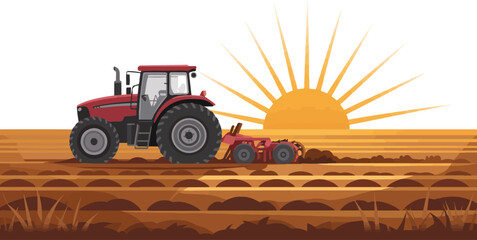 Tractor plowing field at sunset agricultural landscape vector © MDMUKTADIR