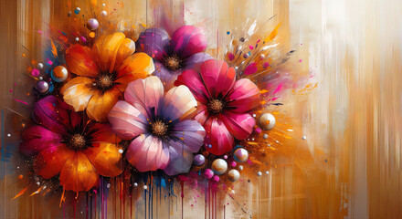 Abstract painting of large colorful flowers with orange, pink and purple petals on a textured golden background, splattered paint, modern art style. Banner, invitation, wall art, greeting card