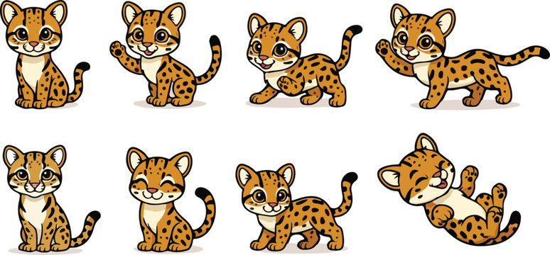 vector illustration of ocelot funny cute cartoon mascot character cartoon with 8 poses