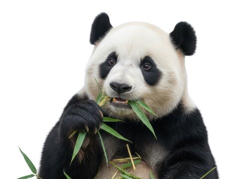 A close-up of a giant panda eating bamboo, isolated on a white background