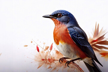 Primo piano di uccello colorato in natura. Fauna libera e selvatica. La bellezza del mondo animale su sfondo bianco per spazio testo.