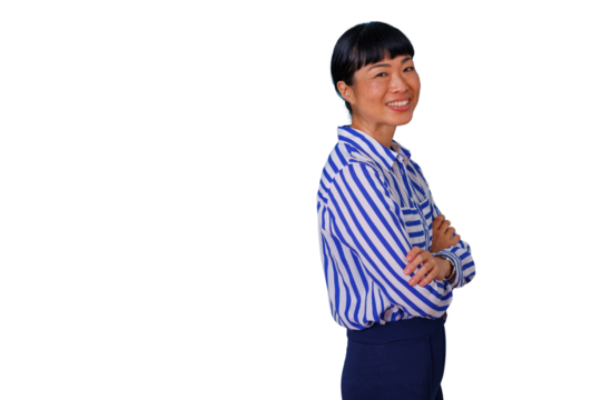 Confident mature businesswoman with curly hair holding a digital tablet with transparent background