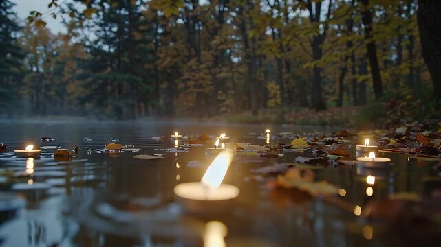 Serene autumn lake at dusk adorned with floating candles amidst fallen leaves