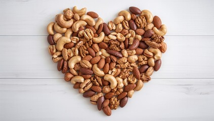 Heart-shaped arrangement of cashews, hazelnuts, walnuts, and almonds on a white wooden surface, beneficial protein-rich meal