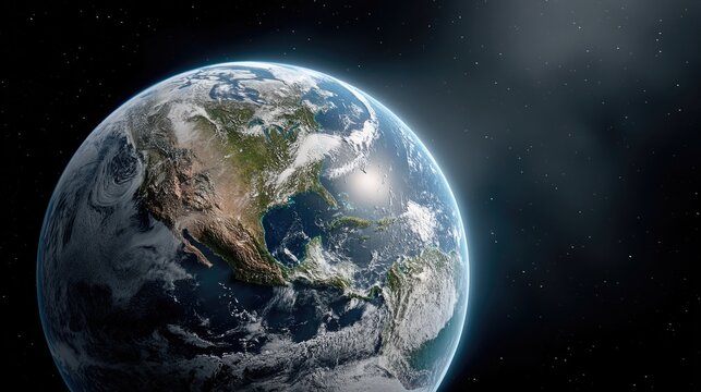 A planet Earth seen from outer space, illuminated by soft sunlight from the side. the continents, oceans, and clouds are clearly visible with natural colors deep blue seas, white cloud formations