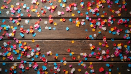 Colorful paper dots, squares scattered on rustic wooden surface. Festive mix creates joyful background for celebrations like parties holidays. Vibrant, playful composition suggests fun, excitement.
