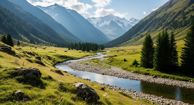 Serene Alpine Valley with Winding River and Snow-Capped Mountains