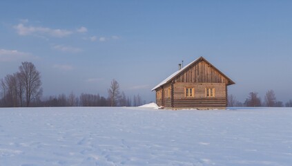 Wooden cabin surrounded by snow-covered fields during winter, seasonal change