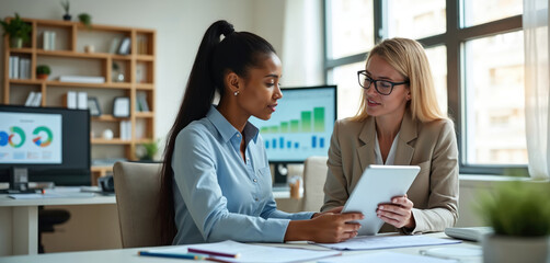 Two businesswomen analyze charts on tablet and computer screen. Women collaborate at office desk, discuss project data, plan growth strategy. Diverse team working together on finance report.