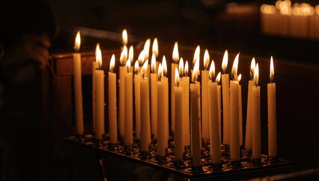 A collection of lit candles in a church's prayer area, evoking a solemn ambiance, spiritual reflection