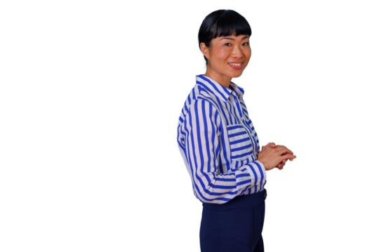 Professional businesswoman in blazer embracing technology, holding tablet, smiling confidently, on transparent background