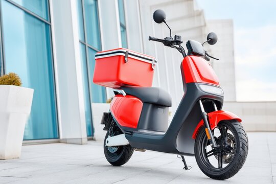 Scooter with large insulated delivery bag parked on modern urban pavement, showcasing vibrant design and functionality for efficient food delivery services