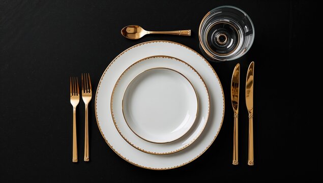 Table setting with gold cutlery on white dishes, elegant dining arrangement, formal occasion