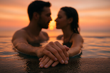 Romantic Sunset Swim: Couple in Infinity Pool Embracing Love and Serenity