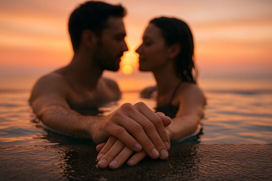 Romantic Sunset Swim: Couple in Infinity Pool Embracing Love and Serenity