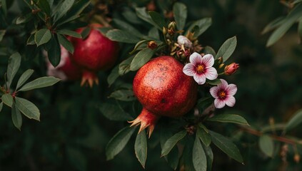 Pomegranate fruits surrounded by colorful autumn flowers in a garden setting, seasonal change