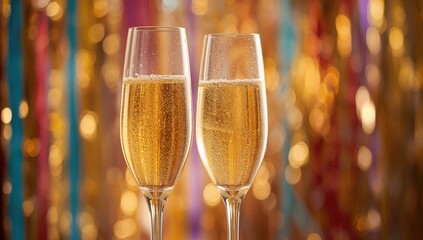 Champagne flute duo for festive occasions with blurred streamer backdrop
