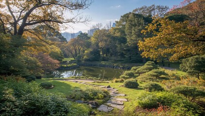 Scenic Landscape of Rikugien Gardens, emphasizing seasonal change