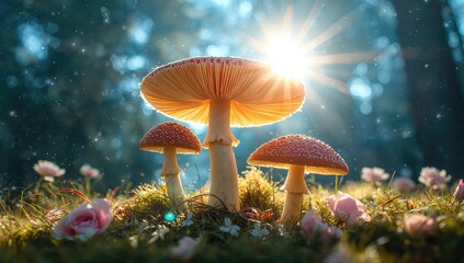 Mushrooms glowing in sunlight, enchanting forest scene with pink roses, whimsical nature setting