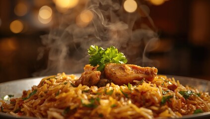 Close-up of coriander leaf in Mughlai biryani, highlighting flavor profile