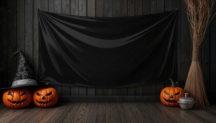 The witch's mystical chamber featuring a broom, pumpkins, and a hat, ideal for Halloween decor