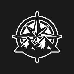 Compass Rose With Mountains On Black Background Keywords: compass, rose, wind, direction, navigation