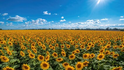 Aerial View of Sunflower Field Under a Clear Blue Sky, Enhancing Natural Beauty