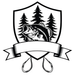 Fishing Emblem Bass Fish Pine Trees Ribbon and Hooks crest