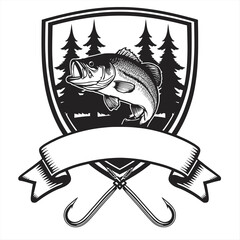 Fishing Emblem Bass Fish Pine Trees Ribbon and Hooks crest