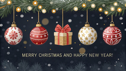A festive christmas card featuring hanging ornaments and a gift box, adorned with a garland and twinkling lights, wishing a merry christmas and happy new year