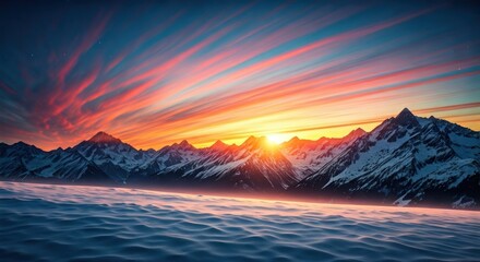 Mountain range panorama at sunset, with snow-capped peaks and vibrant streaked sky