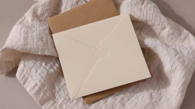Cream-colored envelope and kraft paper envelope resting on a linen cloth