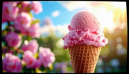 A close-up of a pink ice cream cone with two scoops of strawberry ice cream, set against a backdrop of blooming pink roses and a bright blue sky.