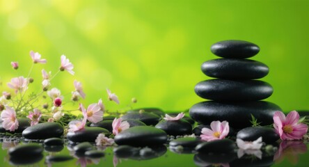 Stacked black stones next to flowers, reflecting light with a vibrant green background