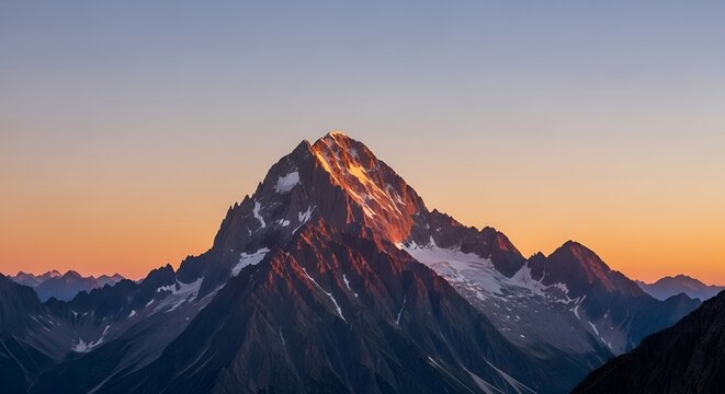Majestic mountain peak bathed in the warm glow of sunrise, snow-capped summits