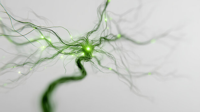Glowing neuron core green bioluminescent synapse neural network tendril abstract nerve cell organic fiber soft bokeh background science concept futuristic energy flow dynamic motion macro detail