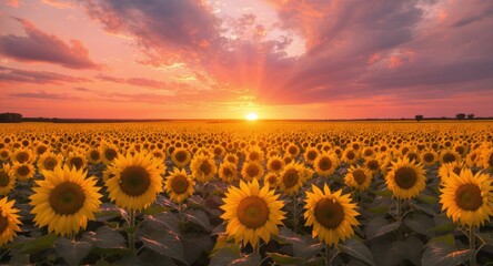 Fototapeta premium Vast field of vibrant sunflowers basking in golden sunset light, with dramatic cloudscape above