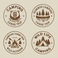 Rustic camping and canoe trip emblems with bear and tent Keywords: emblem, badge, logo, rustic