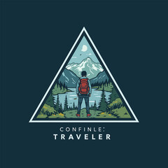 Traveler Looking At Mountain Lake Landscape Within Triangle Frame journey explorer