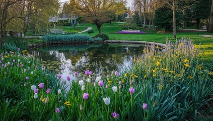 Vegetation surrounding a tranquil lake in the evening light, showcasing seasonal change