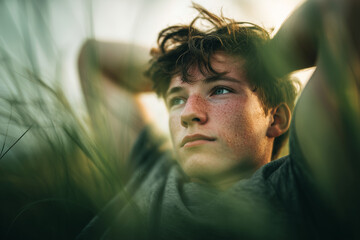 Freckled teenage boy reclining in tall grass at golden hour, contemplative outdoor portrait capturing quiet summer reflection, warm sunlight and dreamy mood