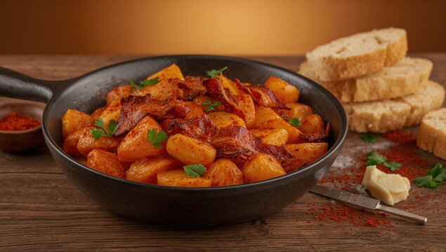 Traditional Avila dish featuring potatoes, paprika, and bacon, fiber-dense choice
