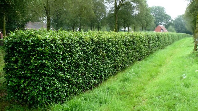 Long green manicured hedge forming a neat boundary along a grassy path in a rural residential landscape
