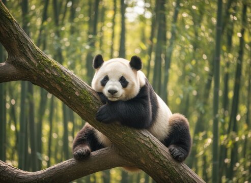 A black and white bear rests on a tree branch, bamboo forest blurred in background